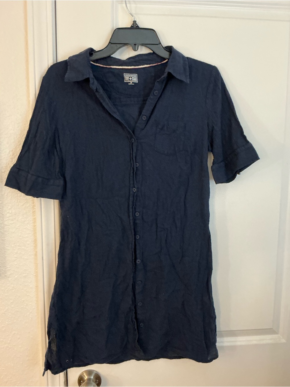 Converse One Star Navy Blue Short Sleeve Button Down Cotton Shirt Dress Size M